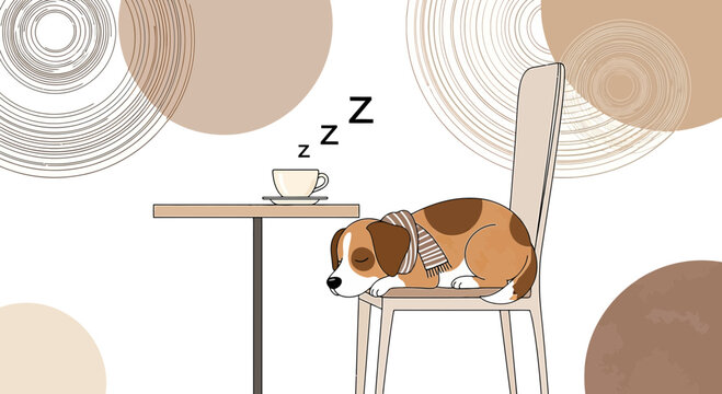 Cute Dog Sleeping on Chair Next to Coffee Table, Cozy Cafe Scene