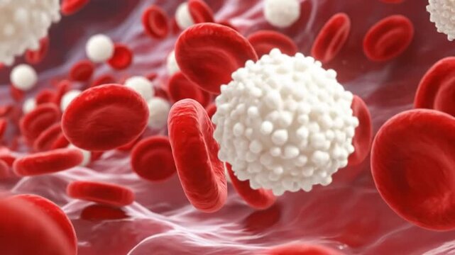 Detailed 3D illustration of red and white blood cells flowing through a blood vessel, medical concept.
