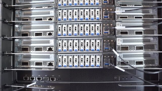 close up of data center used for ai with cables and plugs. Concept of hardware and connectivity for AI computing center