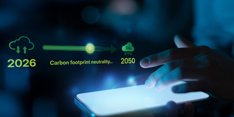 Carbon Footprint Carbon Neutrality Plan with CO2 Monitoring and Environmental Impact Reduction. © Artemii Sh