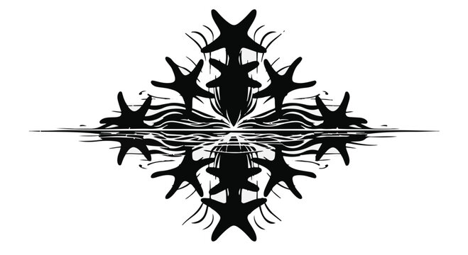 Symmetrical abstract graphic features multiple jagged, tentacled black star shapes creating a dark, complex, radiating mandala pattern on a white canvas.