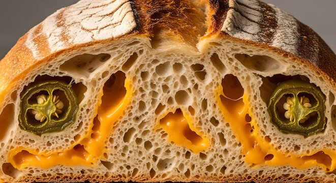 A close up view of sourdough bread with melted cheddar cheese and sliced jalape os inside