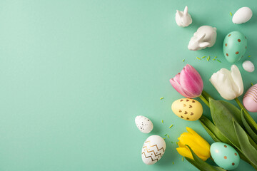 Happy Easter styled composition featuring decorated eggs, pink and yellow tulip flowers, ceramic...