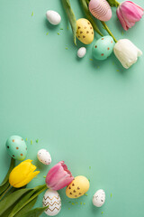 Obraz premium Happy Easter vertical arrangement of pastel decorated egg and tulip flower on a mint background evoking spring joy and festive decoration
