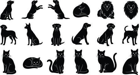 Animal silhouettes, dogs, cats, lions, pet poses, wildlife shapes, domestic animals, feline figures, canine stances, predator outlines, artistic collection, design © Raihan