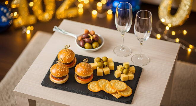 A celebratory spread featuring champagne glasses mini burgers olives and cheese on a light surface