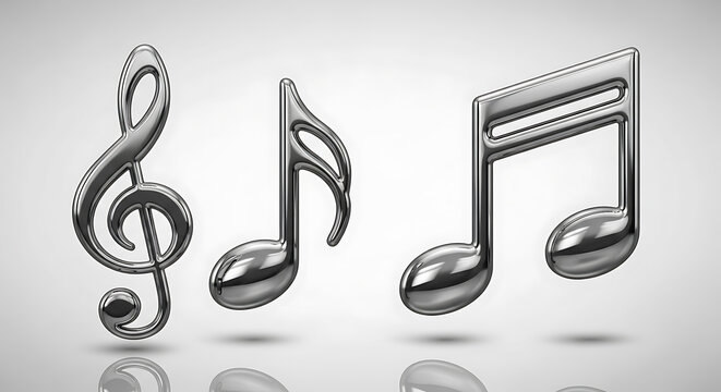 Glossy silver chrome musical symbols for audio and sound design