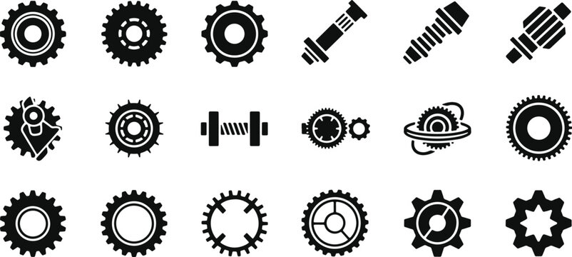 Collection of diverse mechanical gears and components in black and white silhouette style