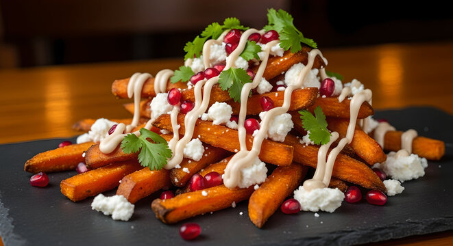 A vibrant pile of sweet potato fries is beautifully garnished with feta pomegranate and herbs