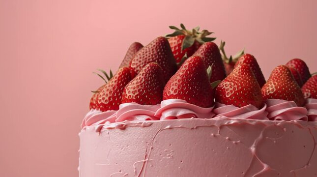 Strawberry Cake Delight: A close-up showcases a delectable strawberry cake, artfully adorned with vibrant, ripe strawberries, evoking a sense of sweet indulgence and celebratory moments.
