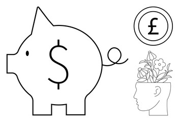 Piggy bank and currency represent financial saving, while floral head symbolizes creativity and investment growth. Ideal for finance, growth, planning, creativity, economics, wealth metaphor. Simple © robu_s
