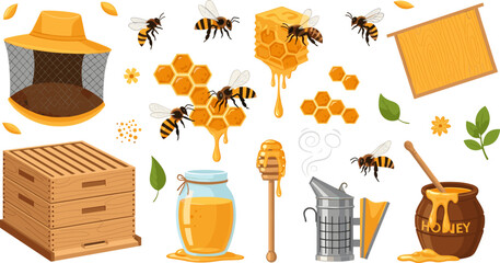 Honey Beekeeping Collection with Bees, Honeycomb, Beehive Boxes, Honey Jar, Dipper, Smoker, and Dripping Honey Elements Beekeeper Vector Illustration Set © MdMojnu