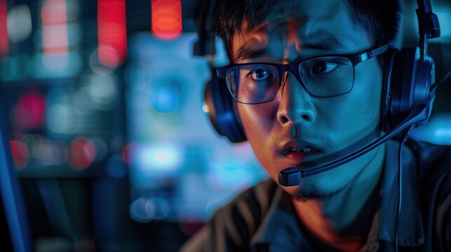 close up online scammer using computer to perform phishing attack in dark room