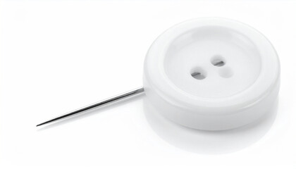 Single sewing needle inserted into a white three-hole button on a white background
