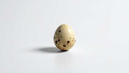 Single speckled quail egg with dark brown spots on a white studio background