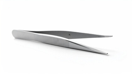 Single stainless steel precision tweezers angled on a plain white background