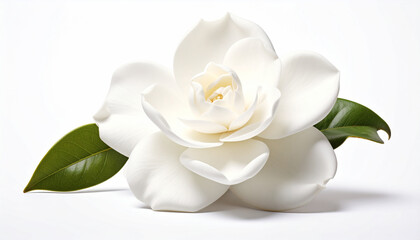 Single white gardenia blossom with green leaves isolated on a white background
