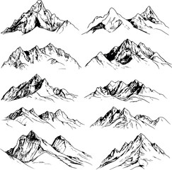 Hand Drawn Mountain Peaks Collection, Vector Set of Sketch Mountain Ranges for Outdoor Design