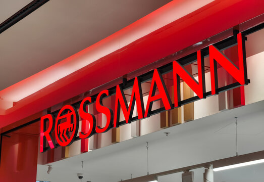 Prague, Czech Republic, March 12, 2026 &ndash; Exterior view of Rossmann store signage and logo at a shopping mall. Editorial photography of a retail shop entrance in the commercial district during business