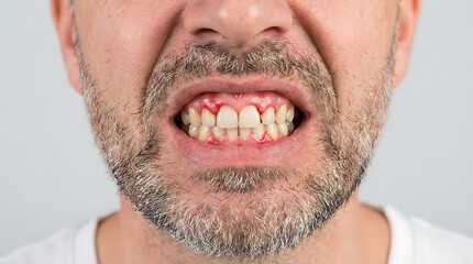Fototapeta premium Close up of a middle-aged man showing red, swollen, and inflamed gums, which are typical signs of gingivitis or gum disease