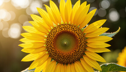 Fototapeta premium Bright sunflower blooming under sunlight with blurred background 