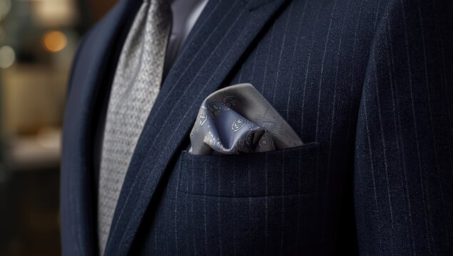 A close-up photo shows a satin pocket square in a pinstripe suit pocket