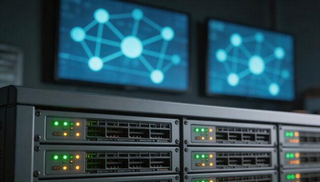 Closeup on a server rack panel with activity indicators lit softfocused digital network topology displayed on wall screens in a blockchain trial lab.
