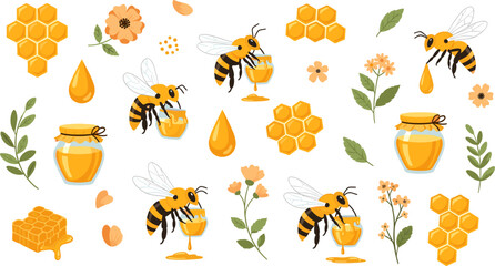 Cute Cartoon Bees Drinking Honey from Glass Jars with Honeycomb, Honey Drops, Flowers, and Leaves Sweet Beekeeping Vector Illustration Set © MdMojnu