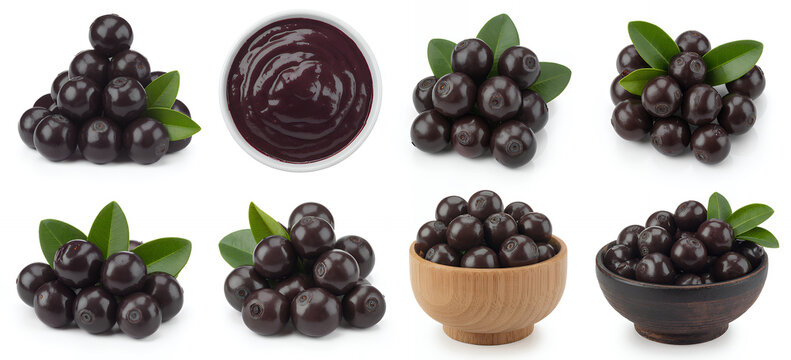 Jacu fruit with leaves and jam purple dark berries
