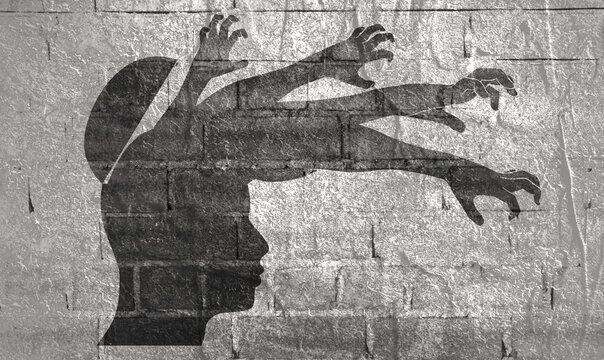 Side view portrait man in angry expression. Outside mood. Hands go out of head. Internally suffering, dissociative identity disorder.