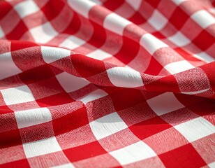 Fototapeta premium Close up of red and white checkered fabric picnic cloth with soft folds and natural light