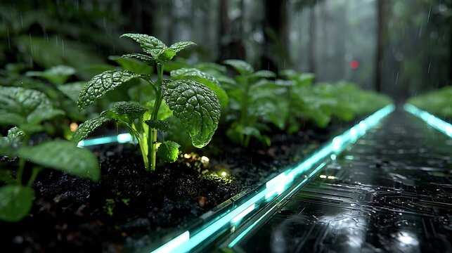 High tech botanical lab platform with seeds aligned in precision rows illustrator