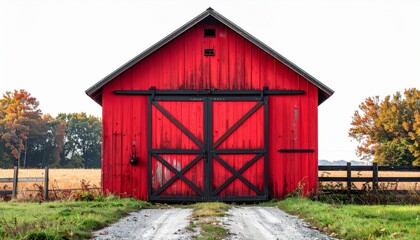 Obraz premium Vibrant Red Barn with Black Sliding Doors in Autumn Rural Landscape