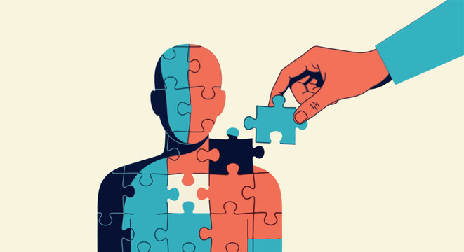 Hand putting missing puzzle piece into human silhouette, mental health and psychological support concept illustration