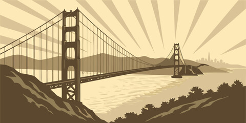 Obraz premium Golden Gate Bridge Foggy Sunrise Panorama – Iconic Red Suspension Bridge Over San Francisco Bay with Misty Morning Glow and Classic California Coastal Atmosphere