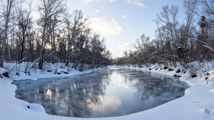 Serene Winter River Scene with Frozen Surface Reflecting Sky and Bare Trees in Snow-Covered Landscape, Peaceful Nature Photography for Seasonal or Travel Content