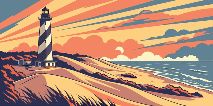 Outer Banks Lighthouse at Sunrise &ndash; Ocean Dunes Panorama on the North Carolina Coast, Serene Atlantic Seascape and Scenic Morning Light Over Historic Maritime Landmarks