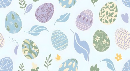 Seamless Pattern of Decorated Easter Eggs and Floral Sprigs on Light Blue