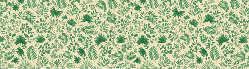 Fototapeta premium Seamless pattern of green tropical leaves on cream background with flat design with surface design with hand drawn