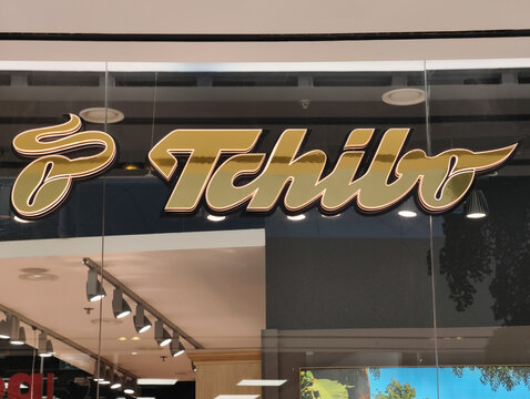 Prague, Czech Republic, March 12, 2026 &ndash; Exterior view of Tchibo store signage and logo at a shopping mall. Editorial photography of a retail shop entrance in the commercial district during business 
