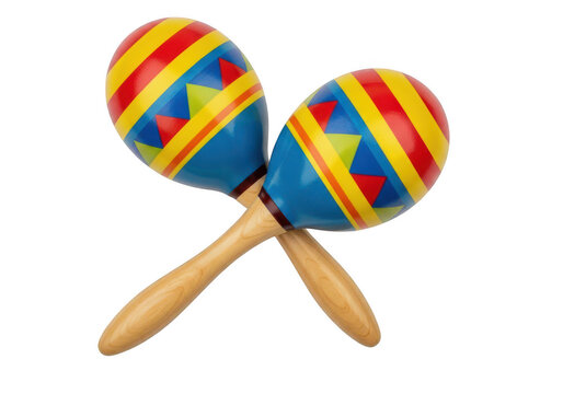 Colorful wooden maracas with wooden sticks in hand isolated on transparent background,png,PNG