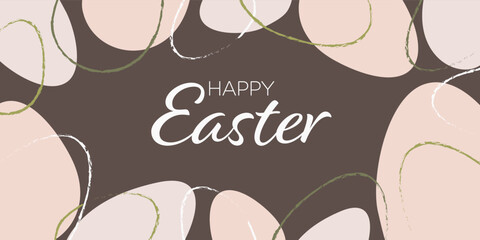 Easter greeting card on dark brown background, pastel eggs frame, Easter greeting typography for banners and posters, vector illustration template. © Annetuas