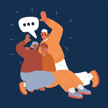 Cartoon vector illustration of friends waving their hands at us, showing greeting, friendliness, and joy
