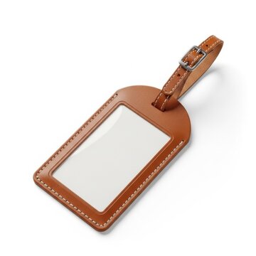 Brown leather luggage tag with white label and silver buckle