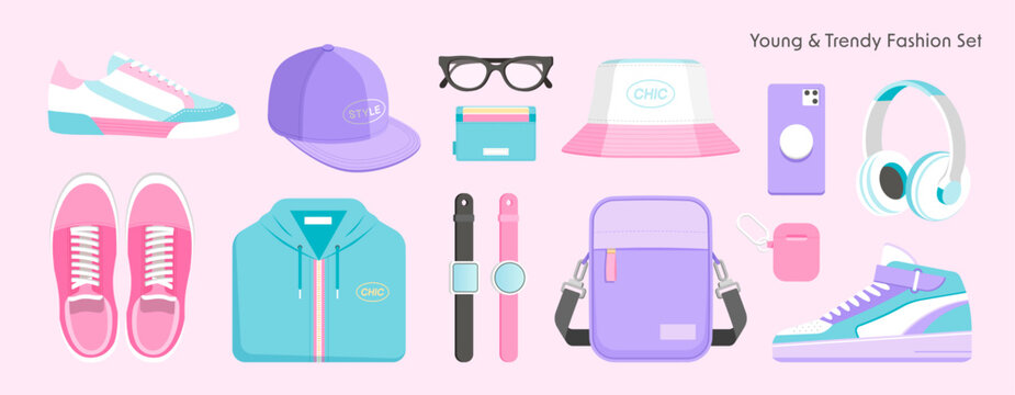 Pastel Casual Apparel and Everyday Tech Accessories Vector Pack