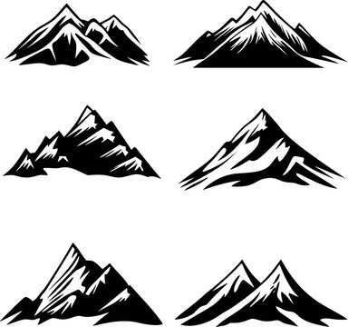 Mountain Silhouette Vector Set - Black and White Peak Icons for Outdoor Adventure and Logo Design