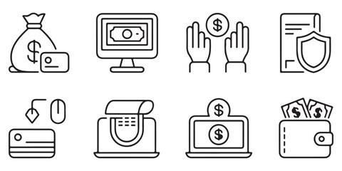 Financial and Banking Icon Set Featuring Money Bag, Digital Payment, Online Banking, and Secure Transactions