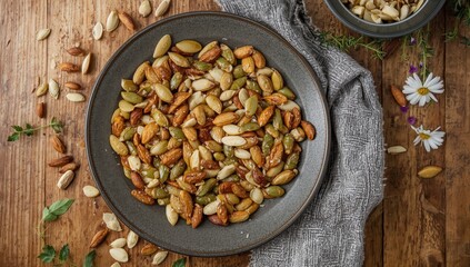 Fototapeta premium Blend of pumpkin and sunflower seeds, pine nuts, and chopped almonds