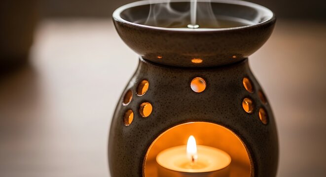 Close up view of a ceramic aromatherapy oil diffuser with a lit candle inside and vapor rising gently for relaxation and ambiance