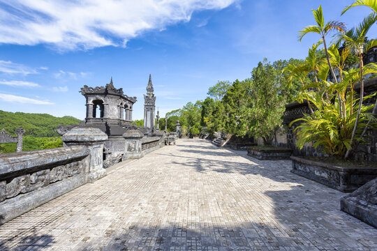 Stone Mandarins and Royal Courtyard at Khai Dinh Imperial Tomb, a UNESCO site in Hue, Vietnam